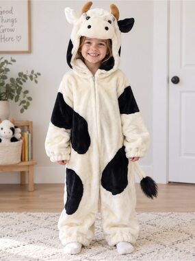 🐮 Plush Cow Hooded Bodysuit Costume – Kids Large | Cream & Black – Est. 5-7 Yrs